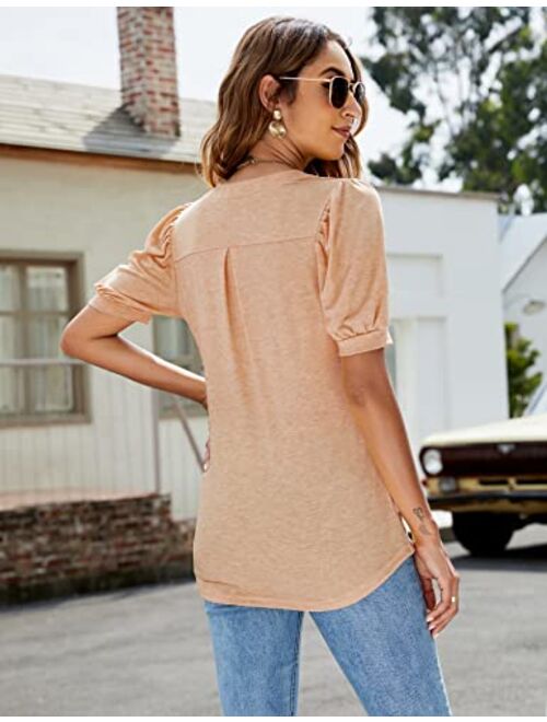 Romanstii Women Casual V-Neck T-Shirts Loose Puff Short-Sleeve Tops Tunic Blouse