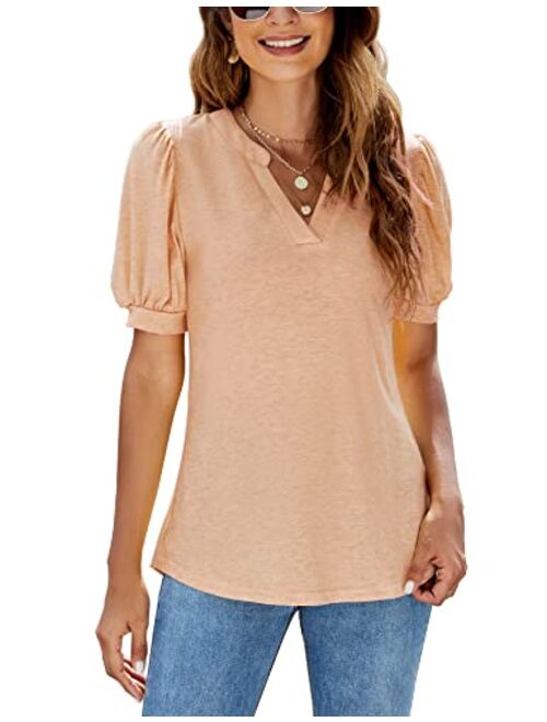 Romanstii Women Casual V-Neck T-Shirts Loose Puff Short-Sleeve Tops Tunic Blouse
