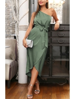 Women's Ruched Bodycon Dress Asymmetrical Sleeveless One Shoulder Wrap Satin Belted Cocktail Midi Dress