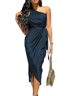Women's Ruched Bodycon Dress Asymmetrical Sleeveless One Shoulder Wrap Satin Belted Cocktail Midi Dress