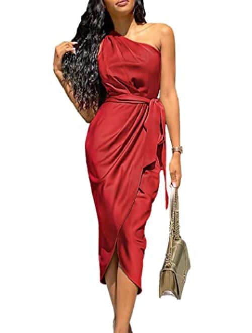 PRETTYGARDEN Women's Ruched Bodycon Dress Asymmetrical Sleeveless One Shoulder Wrap Satin Belted Cocktail Midi Dress