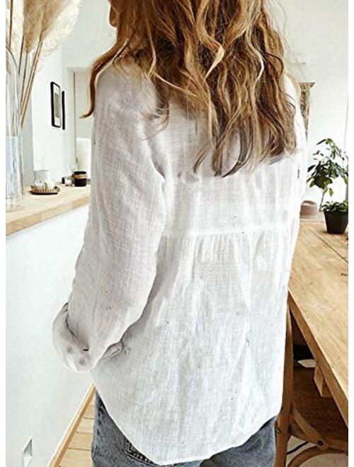 Astylish Womens V Neck Roll up Sleeve Button Down Blouses Top