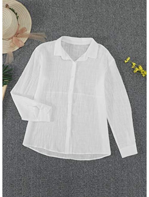 Astylish Womens V Neck Roll up Sleeve Button Down Blouses Top