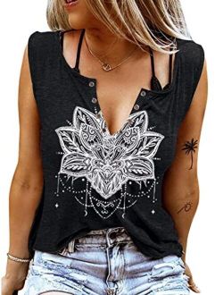 ETCYY Sleeveless V Neck Tank Tops for Women Loose Fit Causal Summer Tie Dye Country Music Ring Hole Floral Printed T Shirt