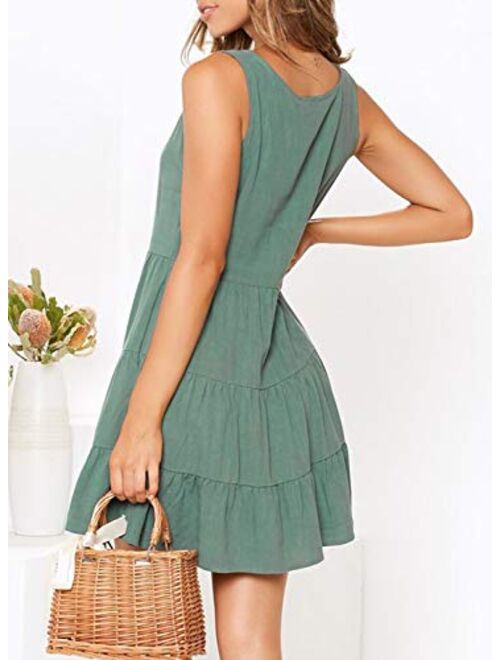 MITILLY Women's Summer Sleeveless V Neck Button Down Casual Pocket Swing Short Dress