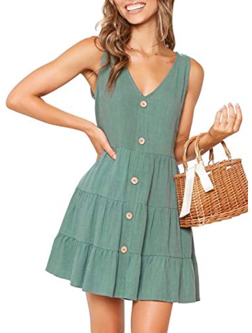 MITILLY Women's Summer Sleeveless V Neck Button Down Casual Pocket Swing Short Dress
