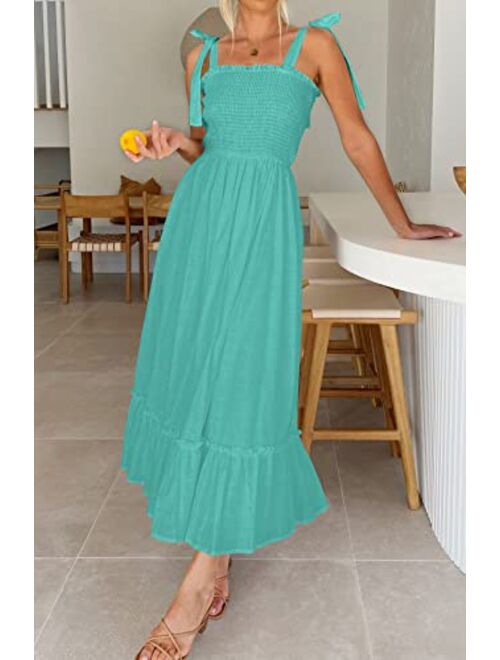 ZESICA Women's Summer Boho Spaghetti Strap Square Neck Solid Color Ruffle A Line Beach Long Maxi Dress