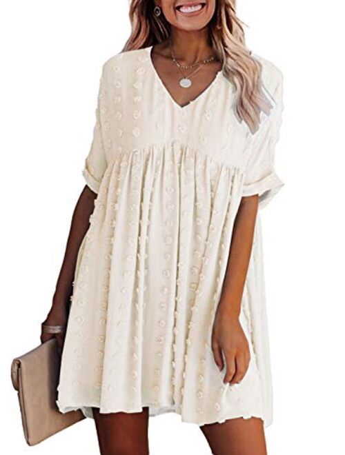 KIRUNDO Summer Women’s Short Sleeves Mini Dress Sexy V Neck Flowy Casual Dress Swiss Dot Short Loose Fit Plus Size Dress
