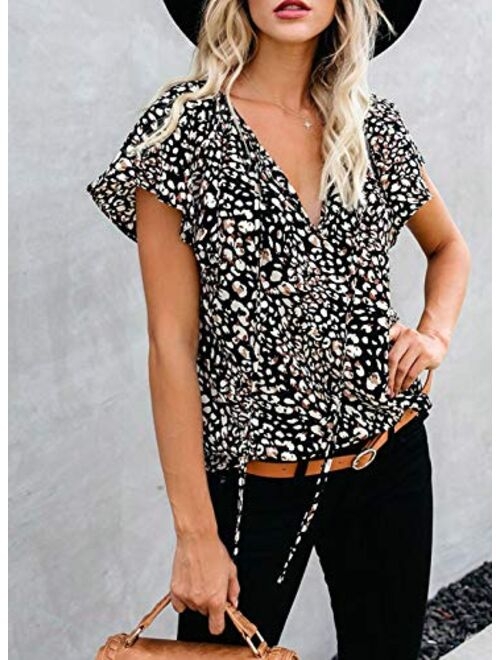 Dokotoo Women's Casual Boho Floral Printed V Neck Tops Drawstring Short Long Sleeve T Shirt Blouses