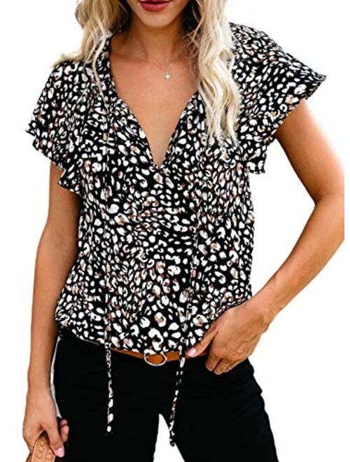 Dokotoo Women's Casual Boho Floral Printed V Neck Tops Drawstring Short Long Sleeve T Shirt Blouses