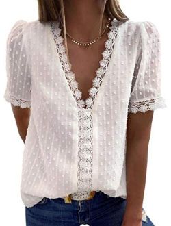 Women's V Neck Lace Crochet Tunic Tops Flowy Casual Blouses Shirts