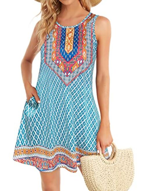 Elescat Summer Dresses for Women Beach Boho Sleeveless Vintage Floral Flowy Pocket Tshirt Tank Sundresses