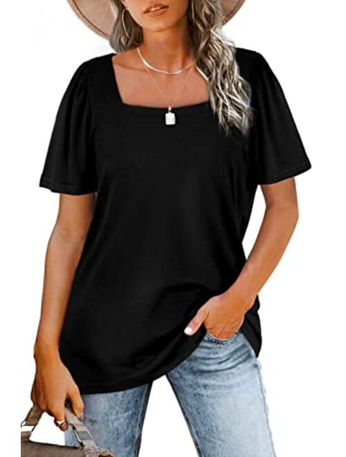 WIHOLL Womens Tops Casual Square Neck Puff Sleeve T Shirts Loose Fit