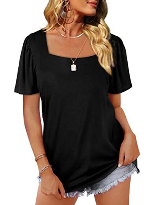 WIHOLL Womens Tops Casual Square Neck Puff Sleeve T Shirts Loose Fit
