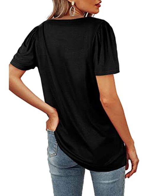 WIHOLL Womens Tops Casual Square Neck Puff Sleeve T Shirts Loose Fit