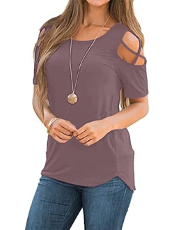 NILOUFO Womens Summer T Shirts Short Sleeve Tunic Strappy Cold Shoulder Tops