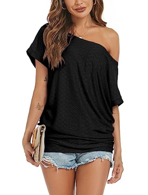 Poetsky Women's Off Shoulder Tops Casual Loose Shirt Batwing Sleeve Tunics Blouse