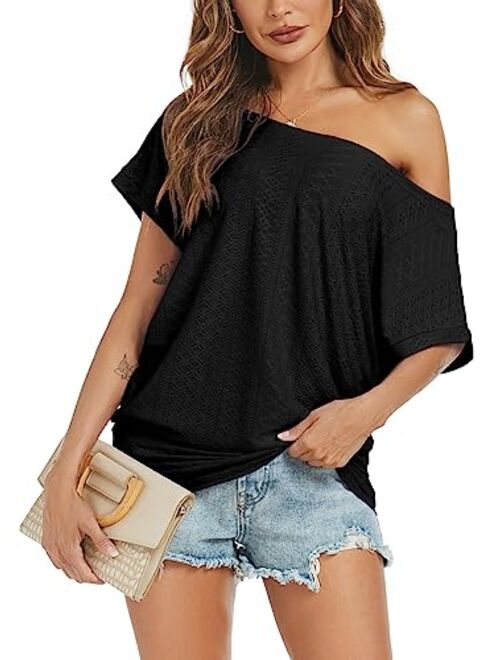 Poetsky Women's Off Shoulder Tops Casual Loose Shirt Batwing Sleeve Tunics Blouse