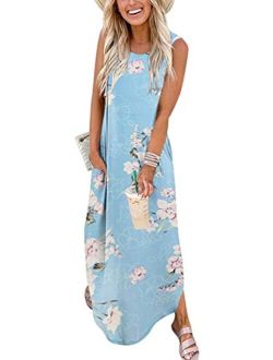 Women's Casual Loose Sundress Long Dress Sleeveless Split Maxi Dresses Summer Beach Dress with Pockets