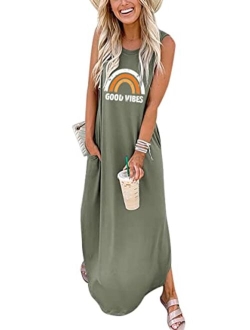Women's Casual Loose Sundress Long Dress Sleeveless Split Maxi Dresses Summer Beach Dress with Pockets