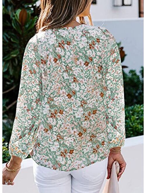 SHEWIN Womens Casual Boho Floral Print V Neck Long Sleeve Loose Blouses Shirts Tops