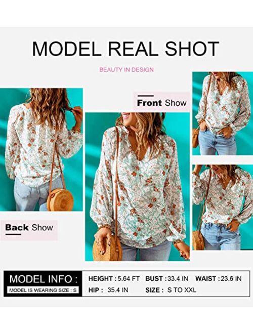 SHEWIN Womens Casual Boho Floral Print V Neck Long Sleeve Loose Blouses Shirts Tops