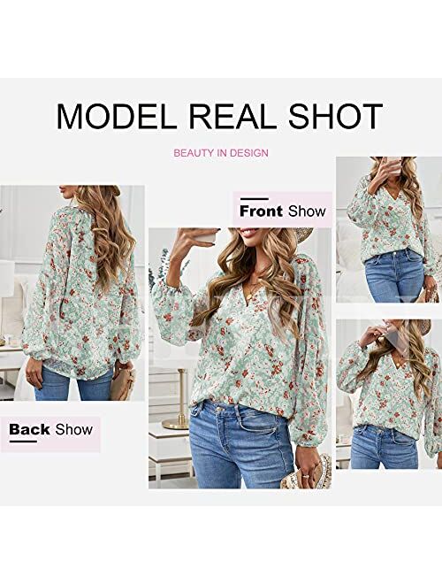 SHEWIN Womens Casual Boho Floral Print V Neck Long Sleeve Loose Blouses Shirts Tops
