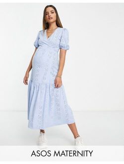 ASOS Maternity ASOS DESIGN Maternity eyelet short sleeve tiered wrap midi dress in cornflower blue