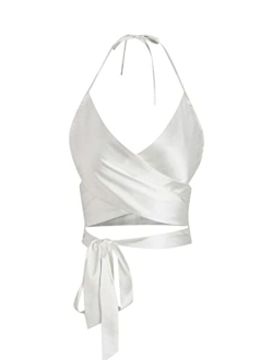 Women's Spaghetti Straps V Neck Front Twisted Solid Racerback Tank Cropped Cami Top