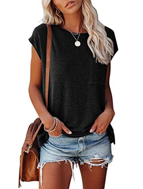 MEROKEETY Women's Casual Cap Sleeve T Shirts Basic Summer Tops Loose Solid Color Blouse