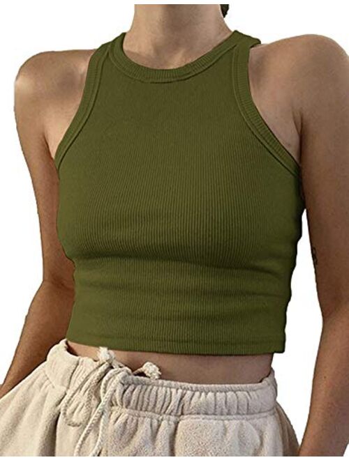 Artfish Women Casual Basic Sleeveless High Neck Rib-Knit Y2k Crop Tank Top