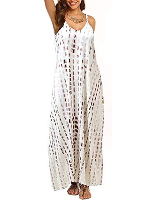 Supnier Women's Summer Casual Floral Printed Bohemian Spaghetti Strap Floral Long Maxi Dress with Pockets