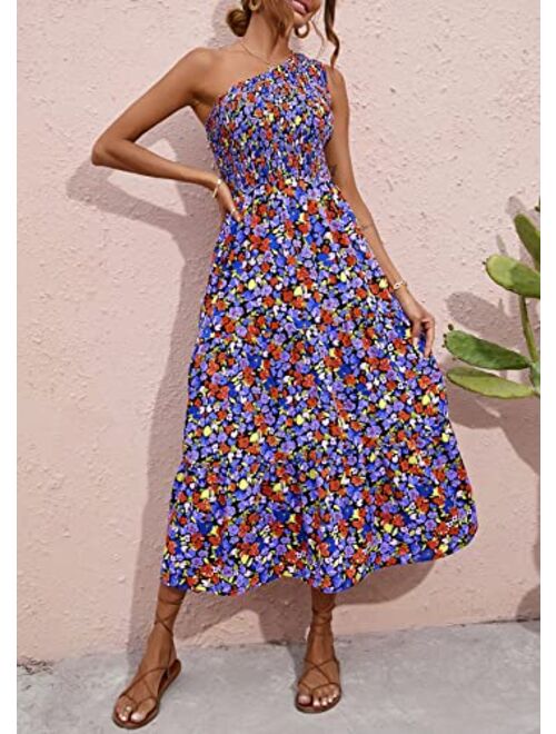 BTFBM Women One Shoulder Sleeveless Casual Summer Dresses Smocked High Waist Floral Print Boho Pleated Swing Maxi Long Dress