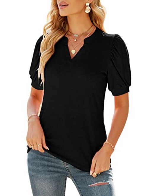 ELFSHE Women's Summer V Neck Puff Short Sleeve T Shirts Solid Loose Fit Tunic Tops
