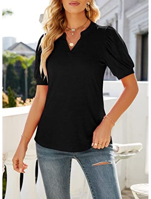 ELFSHE Women's Summer V Neck Puff Short Sleeve T Shirts Solid Loose Fit Tunic Tops