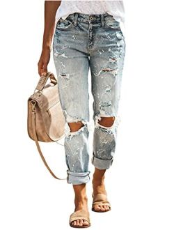 HETIPR Women's Ripped Boyfriend Jeans Mid Rise Loose Fit Distressed Stretchy Denim Pants
