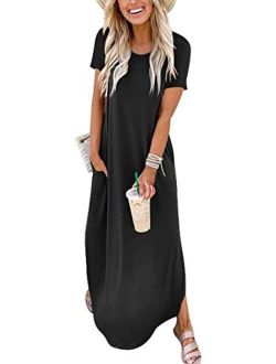 Women's Casual Loose Short Sleeve Long Dress Split Maxi Summer Beach Dress with Pockets