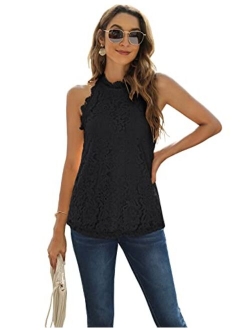 Halife Womens Summer Lace Tank Tops Halter Neck Casual Sleeveless Shirts Dressy Blouse Top