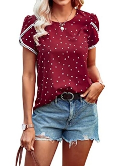 Womens Shirts Summer Casual Crewneck Lace Crochet Short Sleeve Blouses Cute Floral Print Loose Tunic Tops