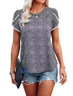 Womens Shirts Summer Casual Crewneck Lace Crochet Short Sleeve Blouses Cute Floral Print Loose Tunic Tops