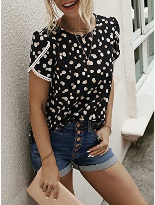 PRETTYGARDEN Women’s Shirts Summer Casual Crewneck Lace Crochet Short Sleeve Blouses Cute Floral Print Loose Tunic Tops