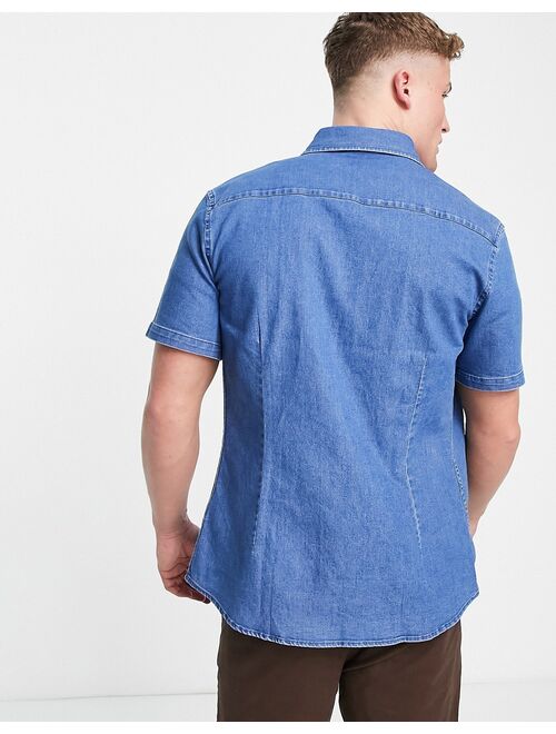 ASOS DESIGN stretch slim denim shirt in mid wash blue