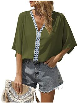 VIISHOW Women's V Neck Chiffon Blouses Summer Oversized 3/4 Bell Sleeve Shirts Boho Casual Tunic Tops