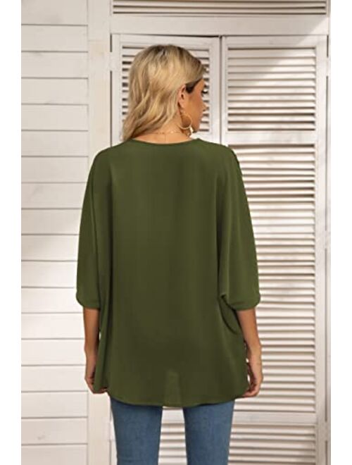 VIISHOW Women's V Neck Chiffon Blouses Summer Oversized 3/4 Bell Sleeve Shirts Boho Casual Tunic Tops