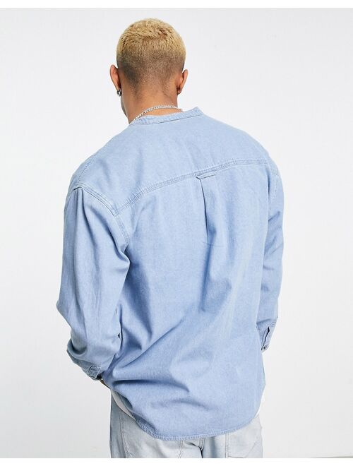 ASOS DESIGN oversized band collar denim shirt in light wash blue