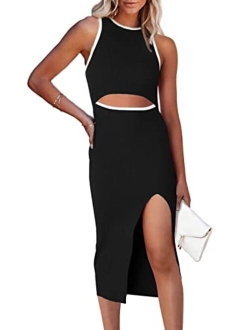 Women's Summer Midi Bodycon Dresses Casual Crew Neck Side Slit Sleeveless Knit Cut Out Tank Top Dress