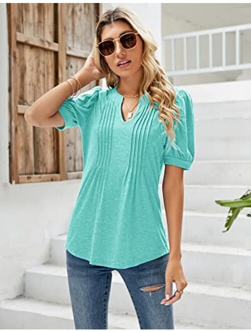 Micoson Womens V Neck Puff Short Sleeve Pleated T Shirts Fashion Summer Tops Casual Tunic Blouse