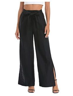 HDE Women's Linen Wide Leg Palazzo Pants Paperbag Flowy Boho Pant with Pockets