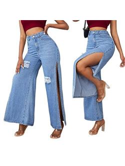 SCOMCHIC Women's High Waisted Straight Leg Jeans High Side Split Ripped Distroyed Denim Loose Pants XS-L