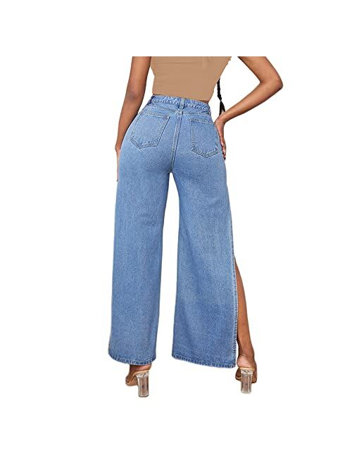 SCOMCHIC Women's High Waisted Straight Leg Jeans High Side Split Ripped Distroyed Denim Loose Pants XS-L